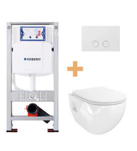 Linie  Waldo  hangend toilet hoogglans wit randloos met Geberit UP320 Sigma inbouwreservoir, Burda frame en bedieningspaneel