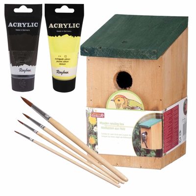 Houten vogelhuisje/nestkastje 22 cm - zwart/geel Dhz schilderen pakket