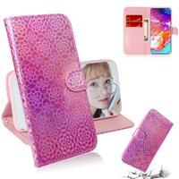 Voor Galaxy A70 effen kleur kleurrijke magnetische Buckle horizontale Flip PU lederen draagtas met houder & kaartsleuven & portemonnee & Lanyard (roze
