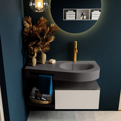 MONDIAZ RIVA 100cm badmeubel onderkast / planchet kleur Linen met 1 lade. Wastafel DULCET rechts 1 kraangat kleur Dark_Grey. MONDIAZ RIVA 100cm badmeubel onderkast / planchet kleur Linen met 1 lade. Wastafel DULCET rechts 1 kraangat kleur Dark_Grey.