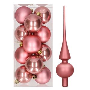 Set van 12x stuks kunststof kerstballen 6 cm inclusief glazen piek lichtroze