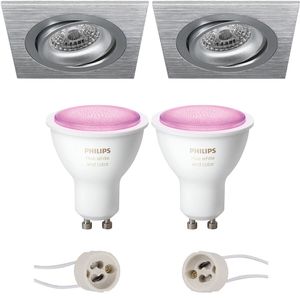 Pragmi Borny Pro - Inbouw Vierkant - Mat Zilver - Kantelbaar - 92mm - Philips Hue - LED Spot Set GU10 - White and Color Ambiance - Bluetooth