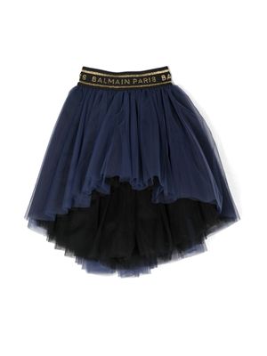 Balmain Kids jupe en tulle à ceinture logo - Bleu