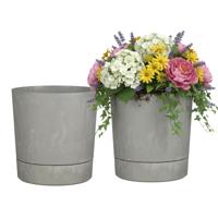 Mica Decorations Bloempot Coco - 2x - met onderschaal - betongrijs - H19 x D18 cm - kunststof