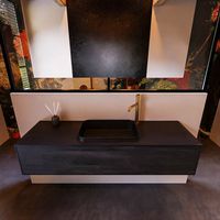 Badkamermeubelset Mondiaz Erin 150 cm met 1 Lade met RIDGE Wastafel Midden Urban met 1 kraangat Greeploos Mat Dark Brown
