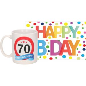 Verjaardag cadeau mok/beker 70 jaar print 300 ml + A5-size wenskaart Happy Birthday