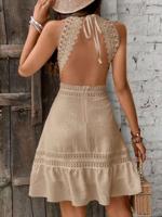 Bon&Bon Black Lace Halter Neck Backless Boho Beach Dress Khaki / XL