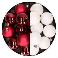 24x stuks kunststof kerstballen mix van donkerrood en wit 6 cm - Kerstbal - thumbnail