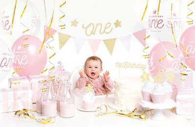 PartyDeko Feestpakket - 1e Verjaardag Roze-Zilver
