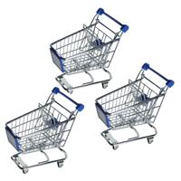 Mini winkelwagentje van metaal - 3x - blauw/zilver - 14 x 14 cm - verrijdbaar - bureau accessoires
