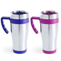 Set van 2x stuks zilverkleur warmhoudbekers/isoleer bekers met rand roze en blauw 500 ml