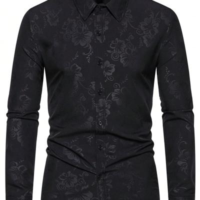 Bon&Bon Men's Black Floral Jacquard Slim Fit Long Sleeve Button Up Shirt Black / M