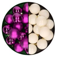 Kleine kerstballen 32x stuks - mix wol wit en paars - 4 cm - kunststof - Kerstbal - thumbnail