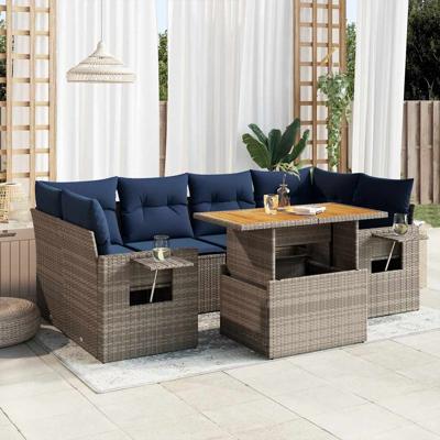 7-delige Loungeset met kussens poly rattan grijs