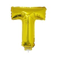 Gouden opblaas letter ballon T op stokje 41 cm