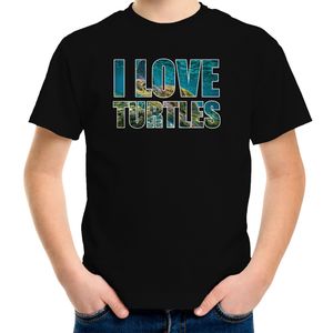 Tekst t-shirt I love turtles met dieren foto van een schildpad zwart voor kinderen