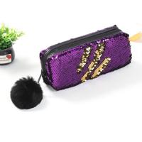 3 stuks omkeerbare Sequin potlood geval voor meisjes school levert super grote briefpapier gift magische make-up tas (paars + goud)