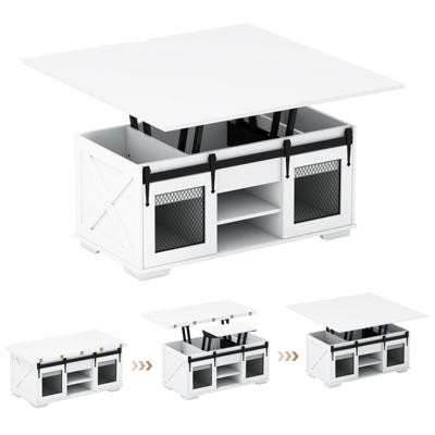 Salontafel met in Hoogte Verstelbaar Tafelblad 105 cm Landhuis-Centrale Tafel met 2 Schuifdeuren in Schuurstijl-Wit