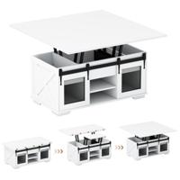 Salontafel met in Hoogte Verstelbaar Tafelblad 105 cm Landhuis-Centrale Tafel met 2 Schuifdeuren in Schuurstijl-Wit
