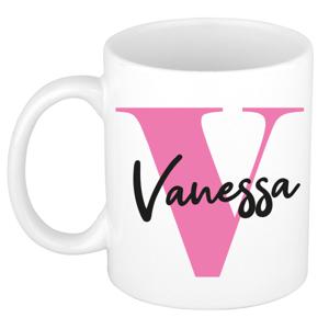 Naam mok Vanessa - roze - wit - keramiek - 300 ml - verjaardag/cadeau beker