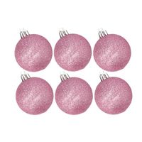 6x stuks kunststof glitter kerstballen roze 6 cm - Kerstbal - thumbnail
