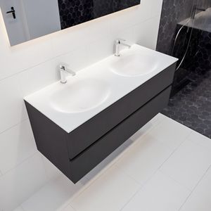 Mondiaz Vica Moon badmeubel antraciet mat 120 cm 2 lades solid surface dubbele spoelbak 2 kraangaten