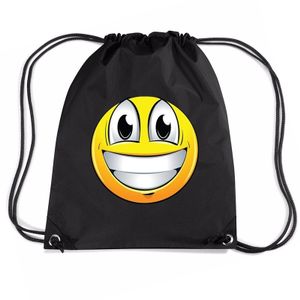 Nylon emoticon smile super vrolijk rugzak zwart met rijgkoord