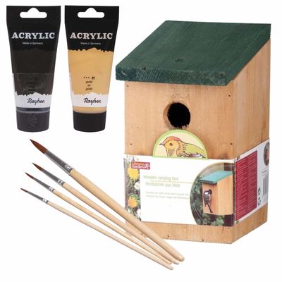 Houten vogelhuisje/nestkastje 22 cm - zwart/goud Dhz schilderen pakket
