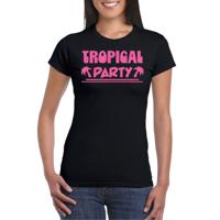 Tropical party T-shirt voor dames - met glitters - zwart/roze - carnaval/themafeest - thumbnail