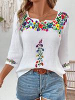 Women's 3/4 Sleeve Blouse Shirt Spring/Fall White Floral Embroidery Cotton Notched Daily Casual Top - thumbnail