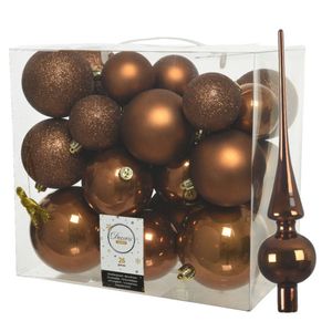 Set van 26x stuks kunststof kerstballen incl. glazen piek glans kaneel bruin - Kerstbal