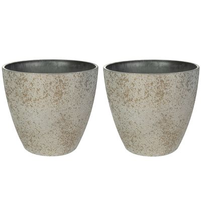 Bloempot/plantenpot - 2x - buiten - beige/goud - D29 en H22 cm - kunststof/steenmix