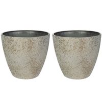 Bloempot/plantenpot - 2x - buiten - beige/goud - D29 en H22 cm - kunststof/steenmix - thumbnail