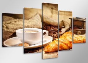 Schilderij - Koffie en croissants,   100x50 cm.  5 luik, wanddecoratie