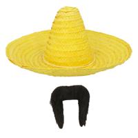 Carnaval verkleed set - Mexicaanse sombrero hoed met plaksnor - geel - heren