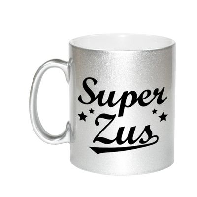 Super zus cadeau zilveren mok / beker sterren 330 ml Super zus cadeau zilveren mok / beker sterren 330 ml