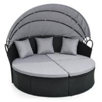 Rond Ligbed voor Terras Rieten Ligbed met Oprolbaar Zonnescherm Slaapbank met Kussens voor Tuin Veranda Zwembad Grijs