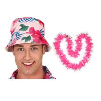 Tropische Hawaii party verkleedset - bucket hoedje - met bloemenslinger roze - volwassenen - thumbnail