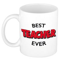 Best teacher ever cadeau mok / beker wit met rode cartoon letters voor meester / juf 300 ml - thumbnail