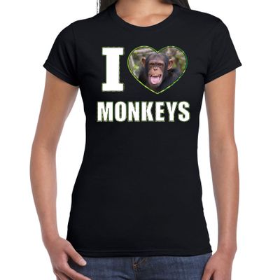 I love monkeys t-shirt met dieren foto van een Chimpansee aap zwart voor dames I love monkeys t-shirt met dieren foto van een Chimpansee aap zwart voor dames