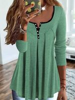 Casual Plain Pleated Contrast Color-block Long-sleeve Jersey Loose Top - thumbnail