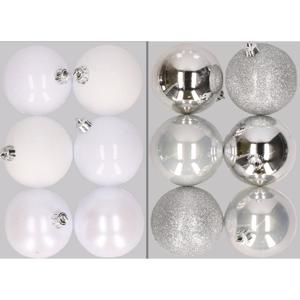 12x stuks kunststof kerstballen mix van wit en zilver 8 cm - Kerstbal