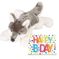 Verjaardag cadeau wolf 25 cm met XL Happy Birthday wenskaart - Knuffeldier - thumbnail