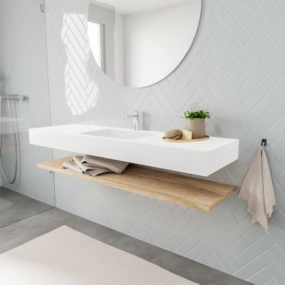 Mondiaz Alan badmeubel 150 cm planchet washed oak vrijhangend wastafel midden 1 kraangat wit