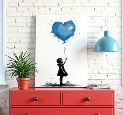 Meisje met blauwe hartballon Canvas schilderij kunst