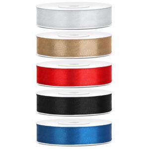 5x rollen satijnlint zilver-goud-rood-zwart-blauw 1,2 cm x 25 meter