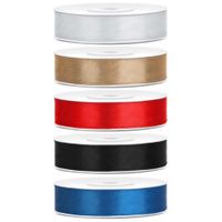 5x rollen satijnlint zilver-goud-rood-zwart-blauw 1,2 cm x 25 meter