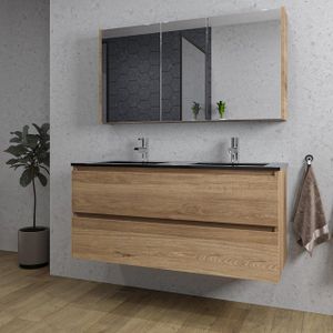 Adema Chaci Badkamermeubelset - 120x46x57cm - 2 keramische wasbakken zwart - 2 kraangaten - 2 lades - Spiegelkast - kaneel SW718703/SW761657/SW812069/SW812072