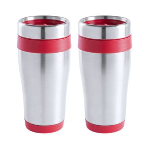 Warmhoudbeker/thermos isoleer koffiebeker/mok - 2x - RVS - zilver/rood - 450 ml