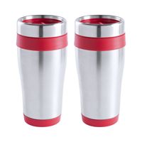 Warmhoudbeker/thermos isoleer koffiebeker/mok - 2x - RVS - zilver/rood - 450 ml - thumbnail